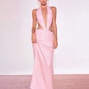 Baby Pink Sexy Women's Sequin Cut Out Front Maxi Dress